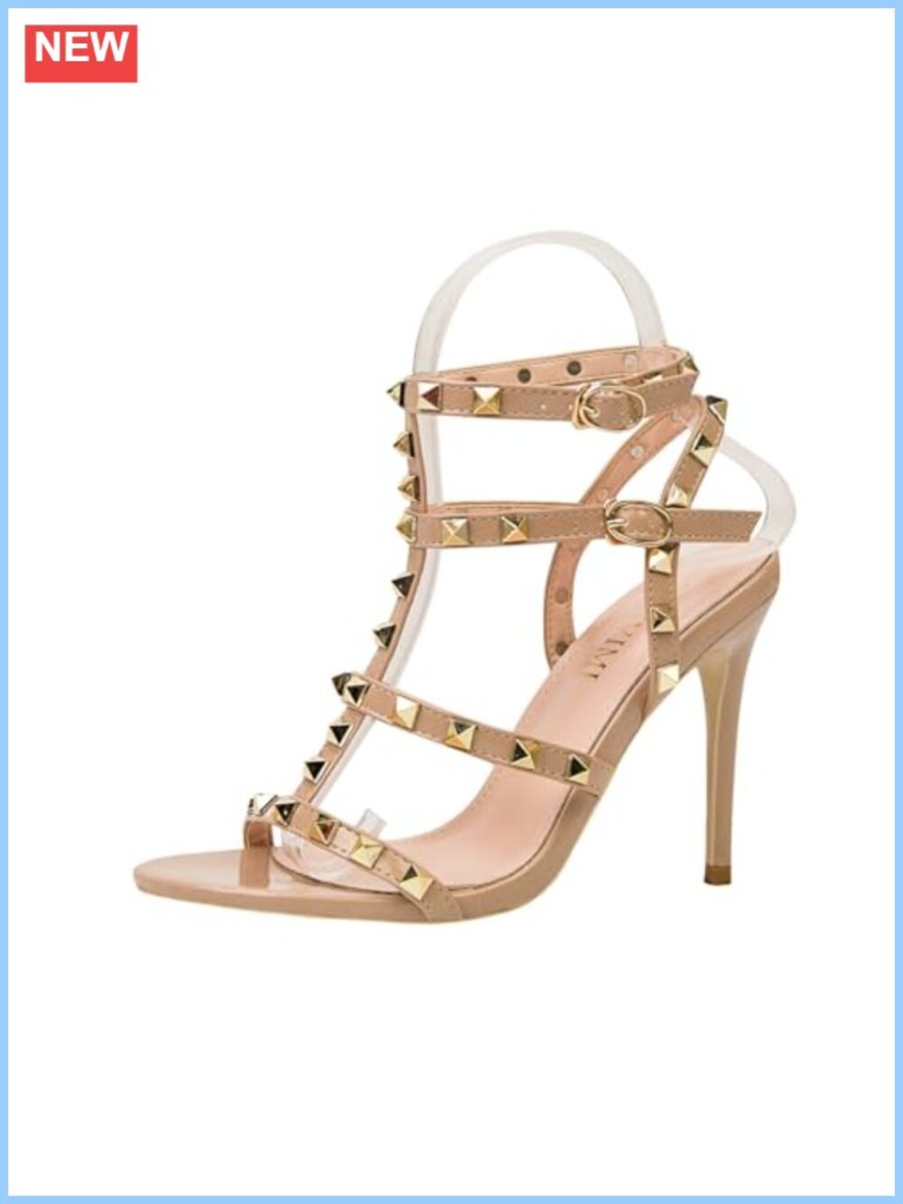 Women's Studded Strappy PU Leather Stiletto Heeled Sandals with Ankle Buckle